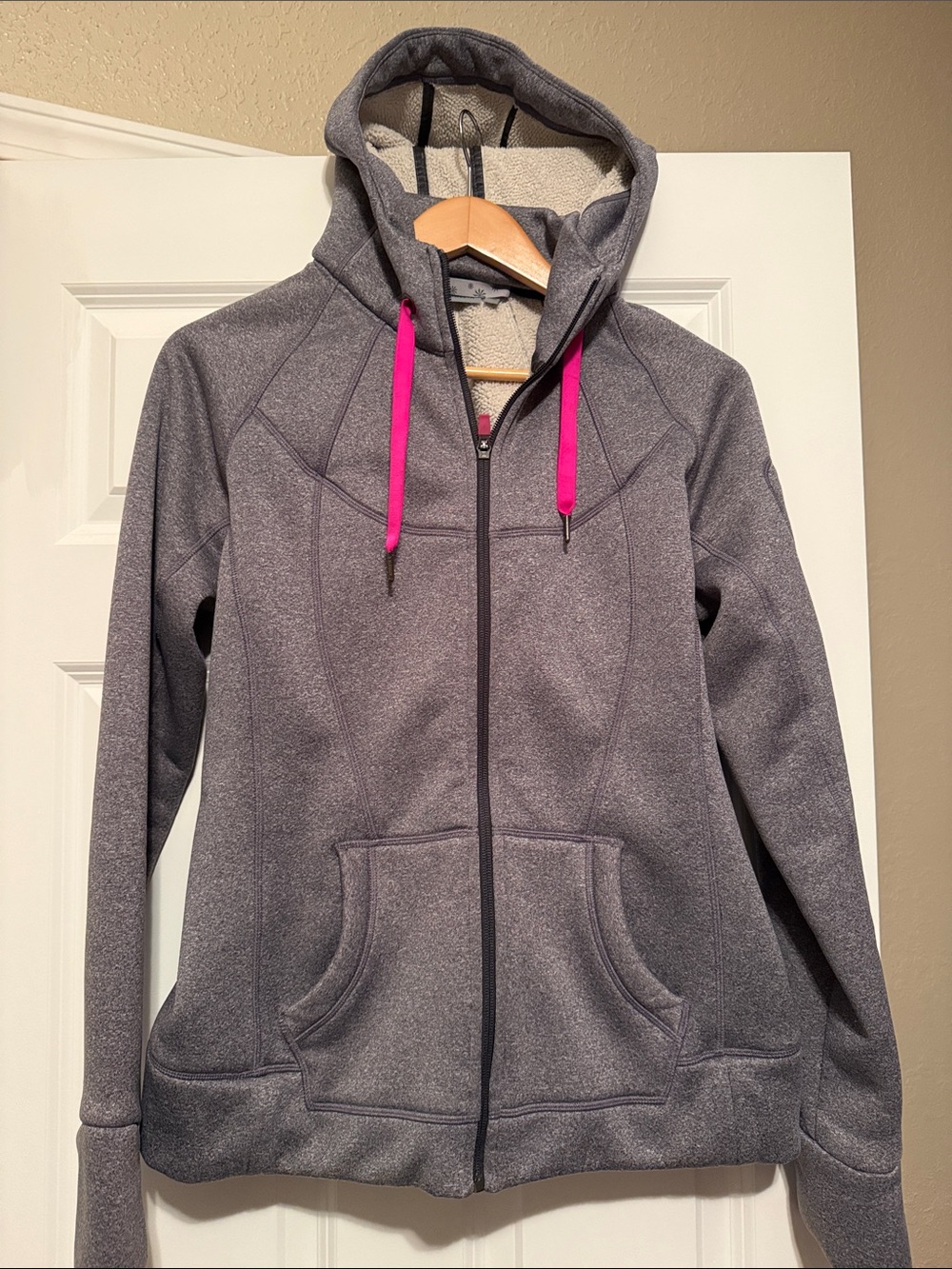 Athleta Heather Gray Full-Zip Fleece Lined Hoodie with Hot Pink Drawcords